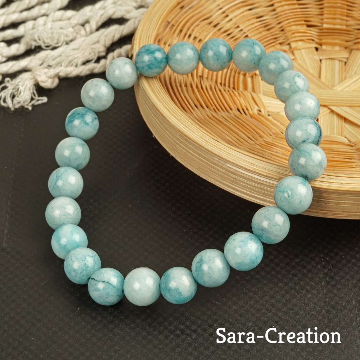 sara creation Blue Green Aquamarine Stone Bead Bracelet - Adjustable Natural Gemstone Bracelets - Healing For Girl Women Men