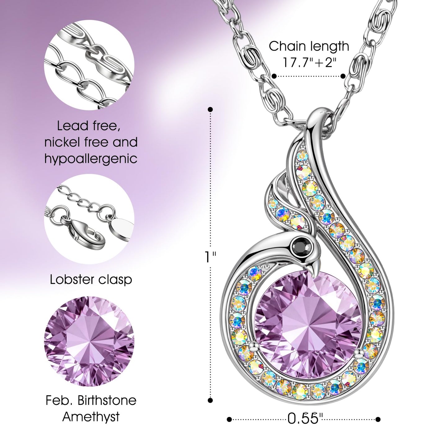 Kate Lynn Phoenix Birthstone Necklaces for Women Pendant Necklace Crystal Jewelry, Birthday Gifts for Women Wife Girlfriend Mothers Day Gift for Mom Daughter Unique Lady Christmas Jewelry Gift for Her, February Birthstone Amethyst Necklace