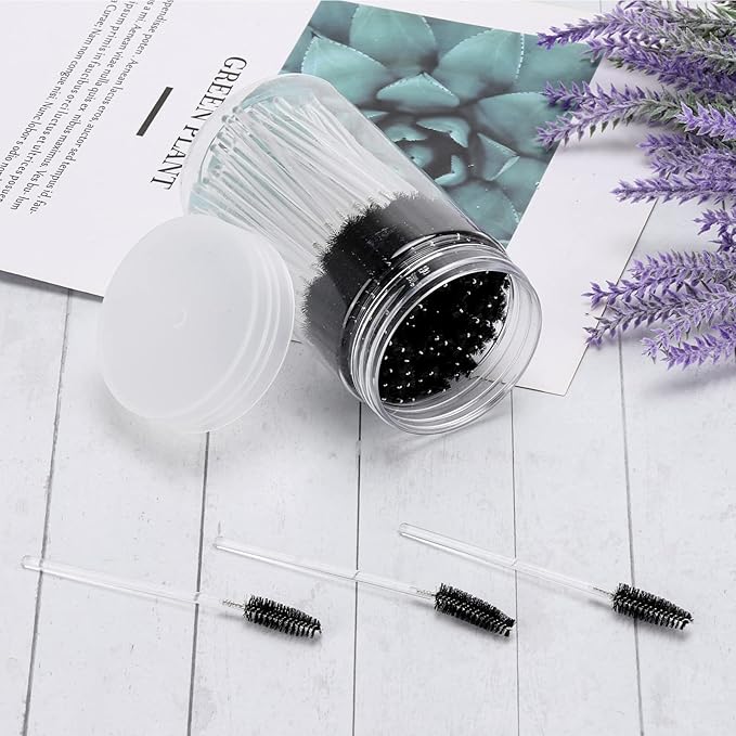 100 Pcs Disposable Mascara Wands, Crystal Eyebrow Spoolies Brush for Eyelash Extensions, Makeup Applicators Kits Eyelash Brush with Container (Black)