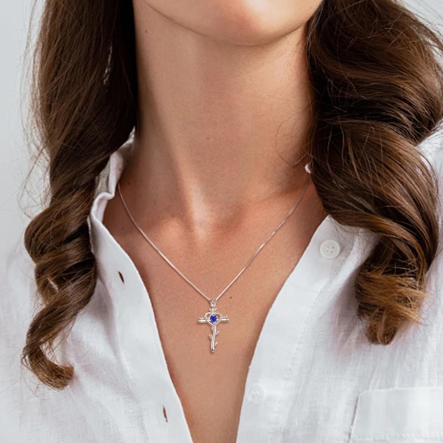 STARCHENIE Rose Cross Necklace 925 Sterling Silver Heart Crucifix Pendant Created Sapphire Jewelry for Women