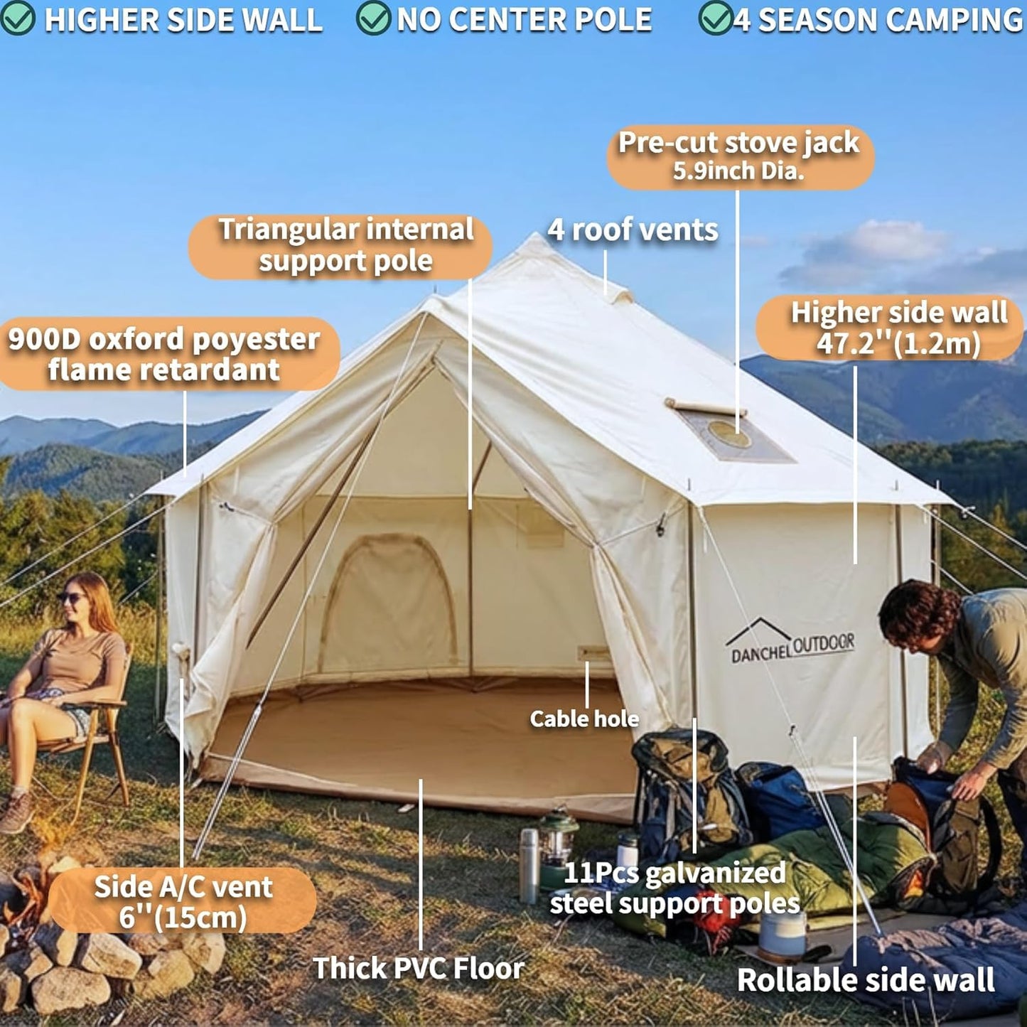DANCHEL OUTDOOR B6 4 Season Glamping Wall Tent w/Large Wood Stove Camping, No Center Pole, Higher Side Wall,900D Flame Retardant Oxford for 6-8 Person Yurt Cabin Tent,16.4ft/5m