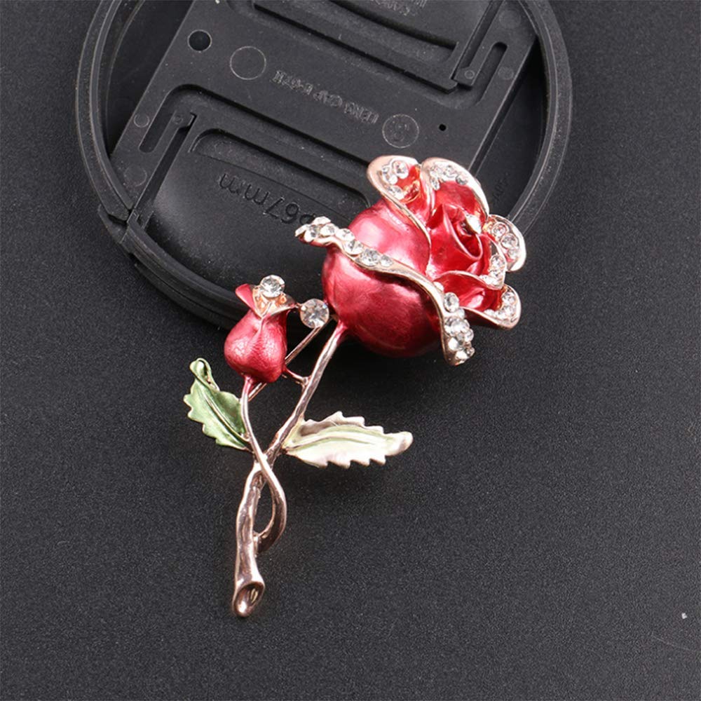 Enamel Crystal Red Rose Flower Brooch Pin Fashion Personality Floral Brooches Decorative Jacket pin Party Dance Wedding Banquet for Elegant Women Girl Jewelry Accessories(Red rose flower brooch)