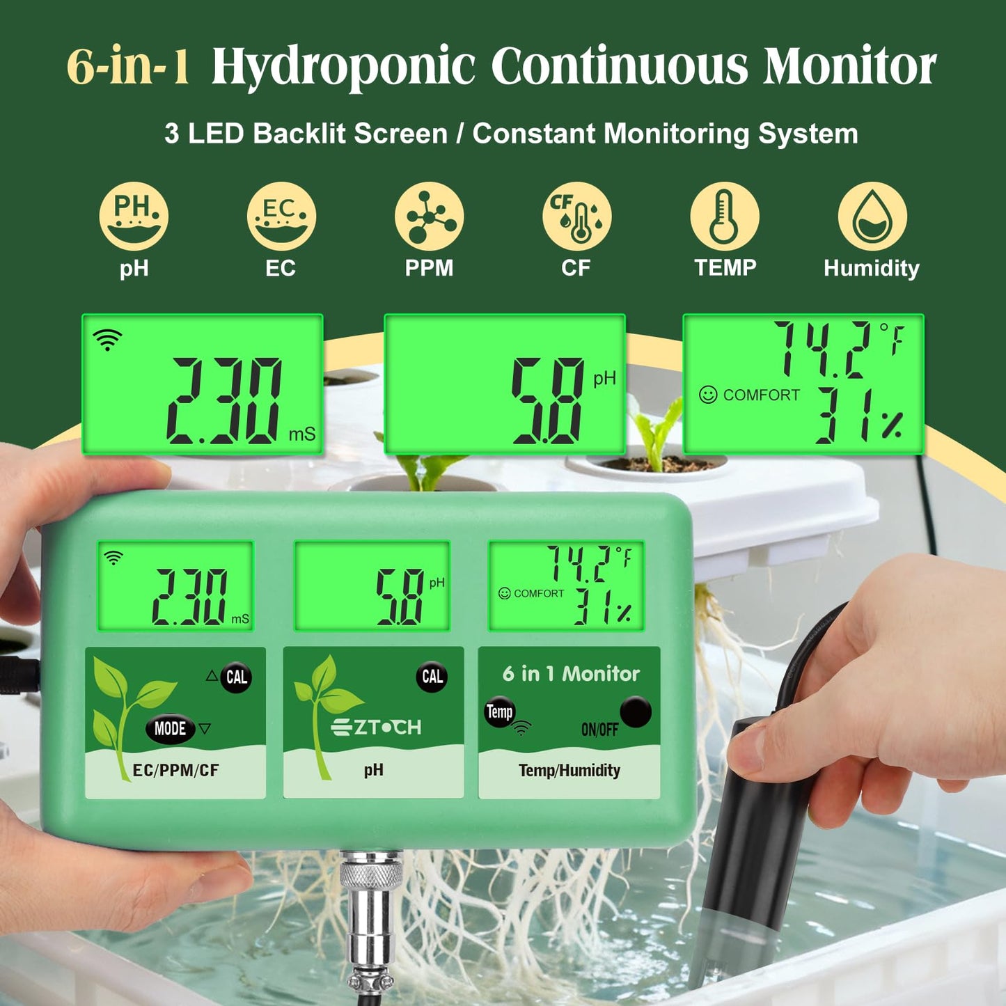 EZTOCH pH EC Continuous Monitor for Hydroponic, 6 in 1 WiFi EC PPM CF pH Meter, Digital pH TDS Temp Humidity Conductivity Monitor for DWC Hydroponic System, Aeroponic Gardening, Aquaponic
