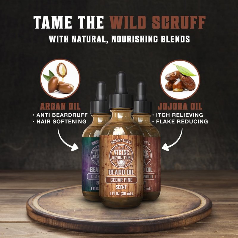 Viking Revolution Beard Oil for Men 3 Pack - Natural Mens Beard Oil Variety Set - Sandalwood, Pine and Cedar, Clary Sage Scents - Beard Conditioning and Moisturizing for a Healthy Beard (3 Pack, 1oz)