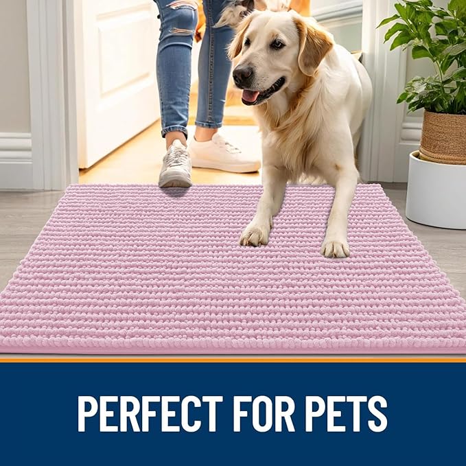 OLANLY Dog Door Mat for Muddy Paws 59x24, Ultra Absorbent Chenille Mud Doormat, Non-Slip Washable and Dirt Trapping Doormat for Indoor Entryway, Quick-Dry Indoor Pet Bed Mats for Dogs, Dusty Rose
