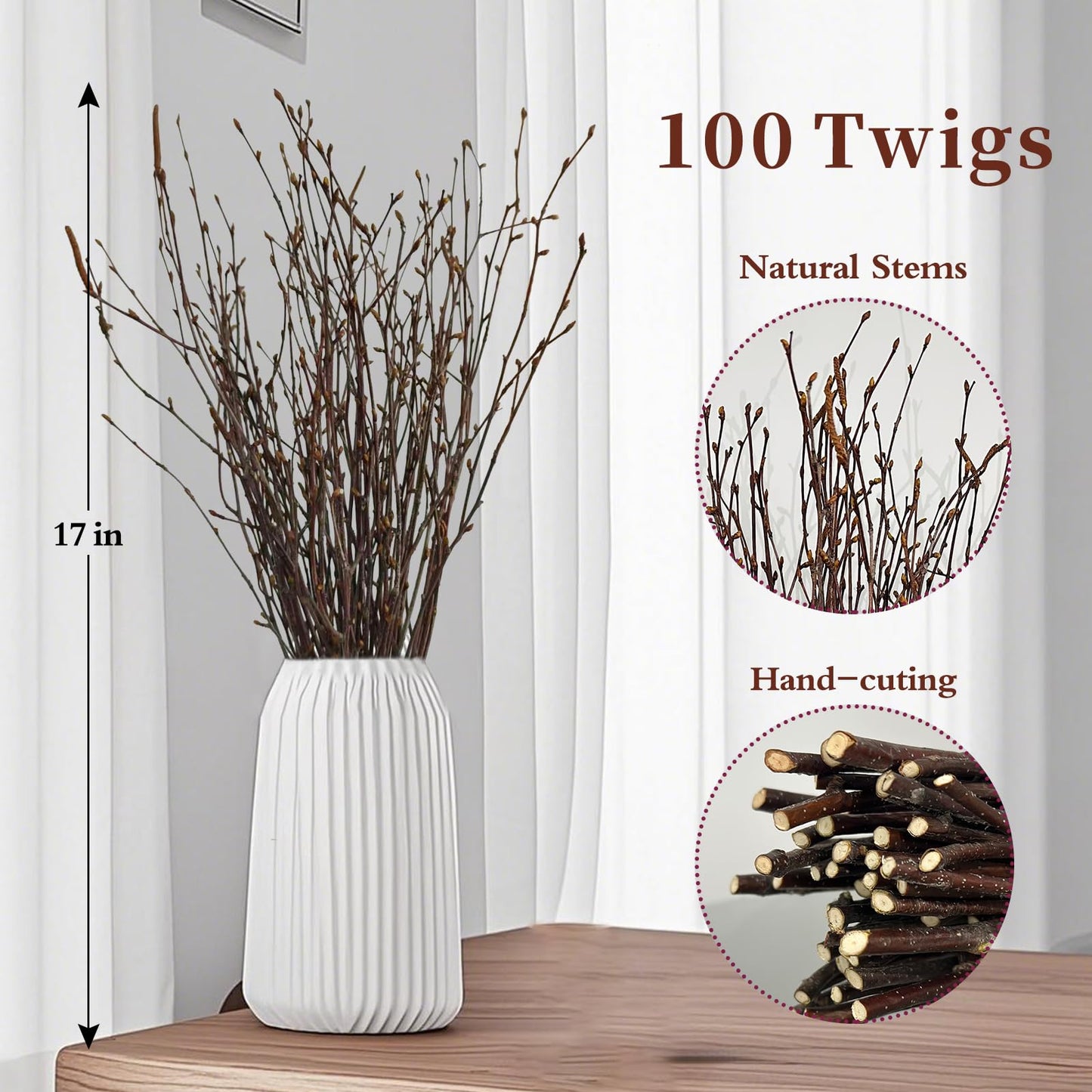 17 Inch Natural Birch Branches Dried Birch Twigs Wreath Making Supplies Dried Plants for Rustic Home Decor Easter Stems Vase Filler DIY Crafts Vases Tall Wreath Christmas Decoration Wedding (100Pcs)