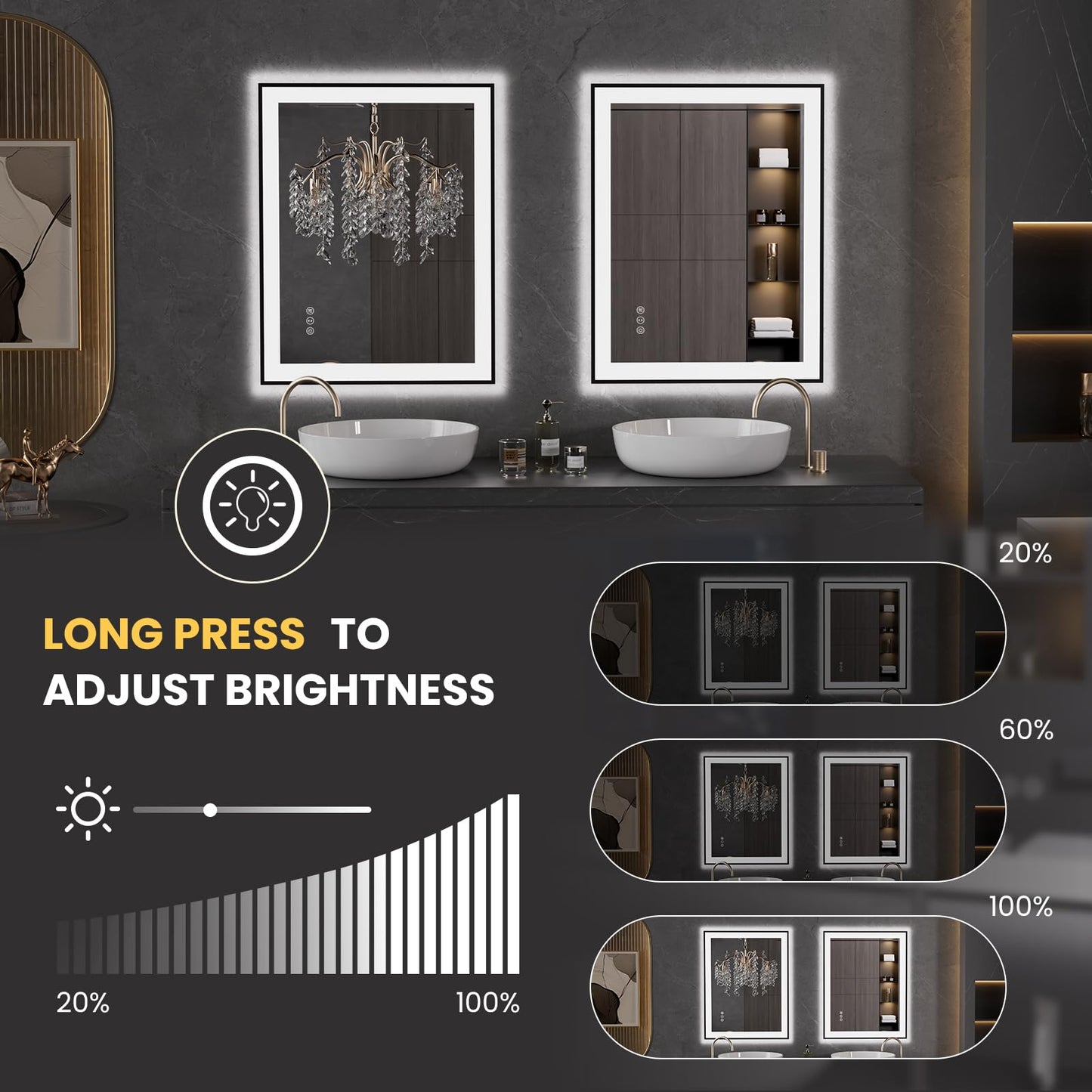 LOAAO 28"X36" LED Bathroom Mirror Black Framed, Anti-Fog, Dimmable, Lighted Bathroom Vanity Mirror for Wall, Memory Function, Tempered Glass