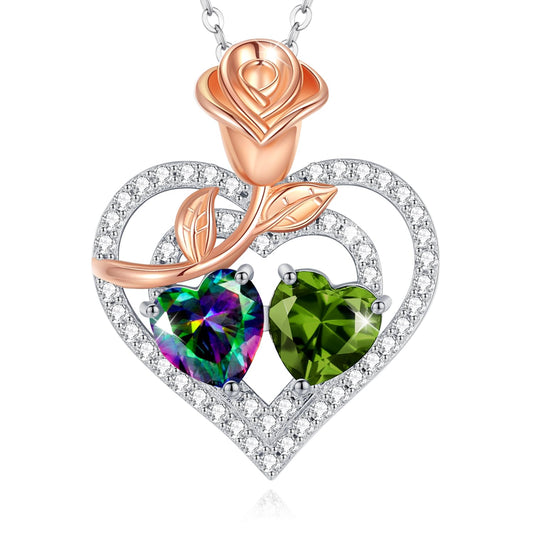 AGVANA June August Birthstone Jewelry Alexandrite Peridot Necklace Sterling Silver Rose Flower Heart Double Birthstone Pendant Necklace Anniversary Birthday Gifts for Women Mom Wife Lady Her
