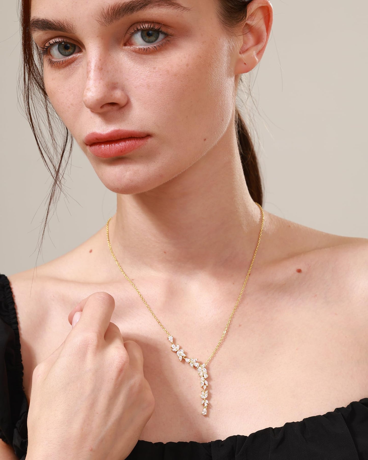 FANCIME Wisteria Reverie Necklace for Women Sterling Silver Yellow Gold Plated Simulated Diamond Flower Drop Y Necklace Fine Jewelry Wedding Birthday Anniversary Graduation Mothers Day Gifts for Wife Women Bride Her