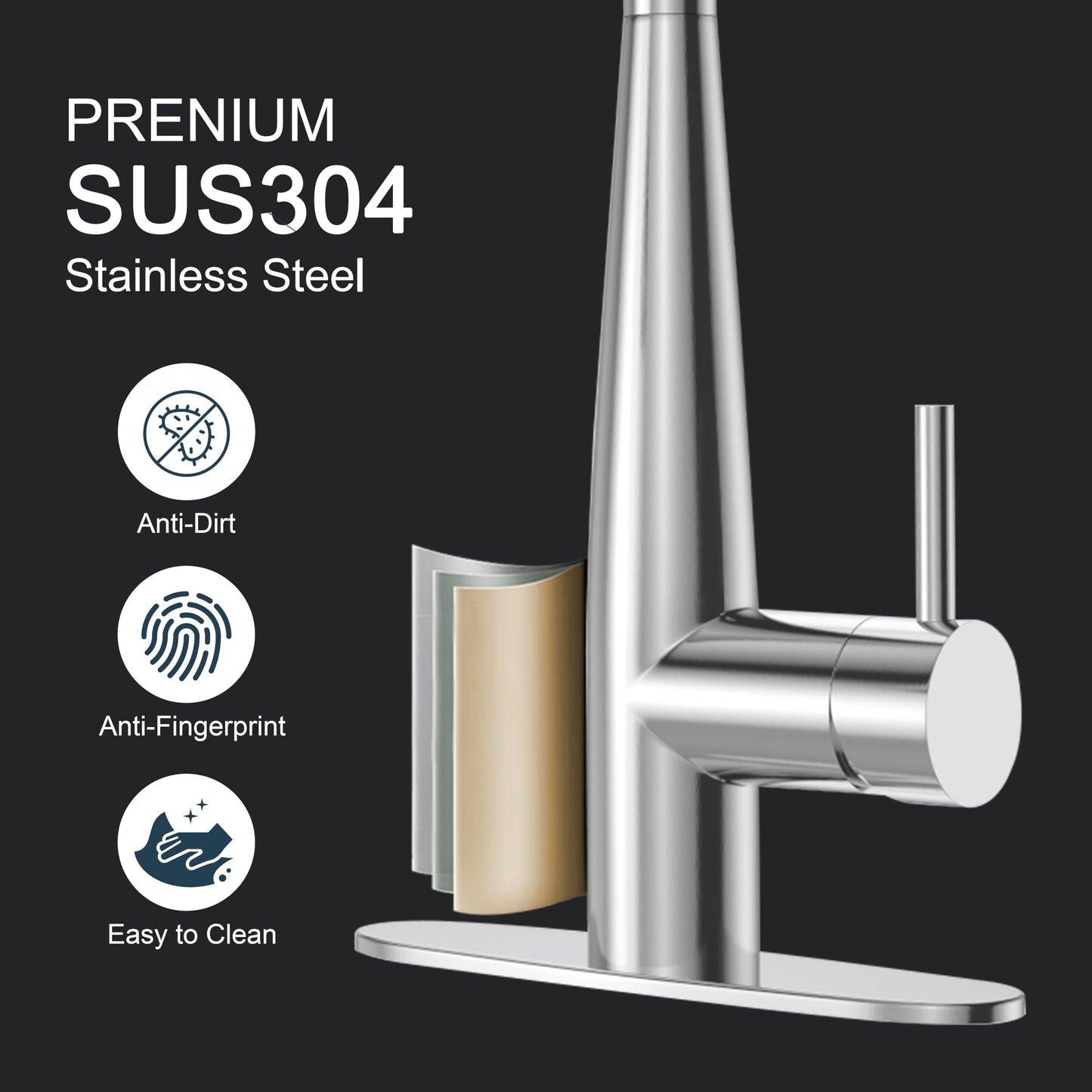 PureTap High Arc Pull Out Kitchen Faucet, Brushed Nickel Faucet, 1 or 3 Holes Kitchen Sink Bar Faucets with Pull Down Sprayer