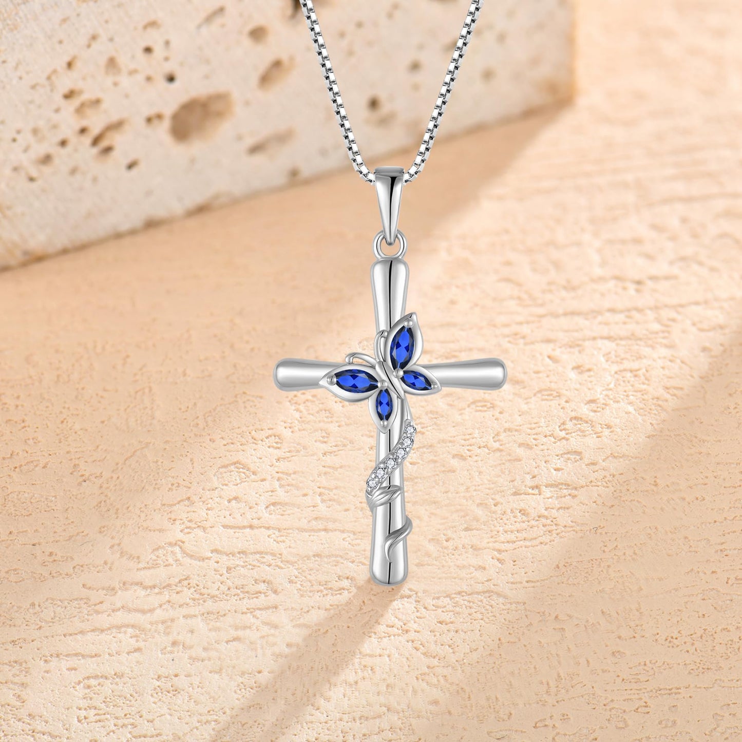 Blaniy Cross Necklace for Women 925 Sterling Silver Butterfly Necklace Sapphire Pendant Necklaces September Birthstone Jewelry Gifts for Women