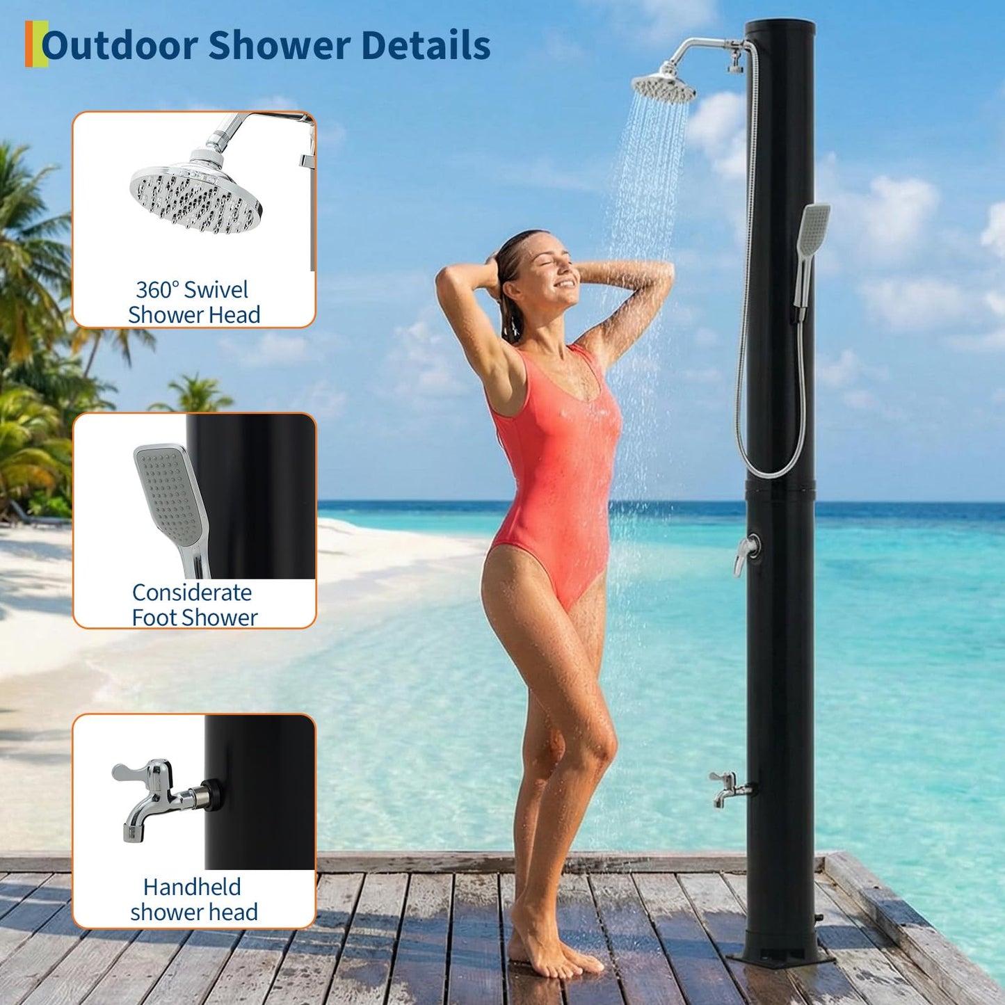 10 Gallon Solar Heated Shower | 2-Section Freestanding Outdoor Shower with Shower Head & Foot Shower Tap | Hot & Cold Water Adjustment | Poolside Beach Garden Spa Shower with Cover