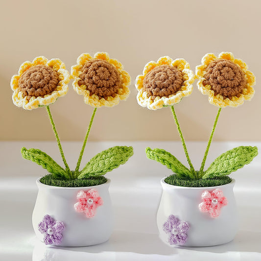 2 Pcs Handmade Crochet Sunflower with Mini Planter Pot - Zero Maintenance Desk Decor, Car Dashboard & Kitchen Decor, Durable Fade-Resistant Gift for Women, Plant Lovers, Unique Home&Office Decoration