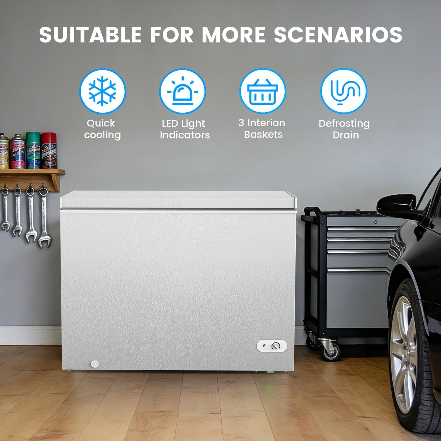 COWSAR Chest Freezer 10.0 Cubic Feet Freezer with 3 Removable Baskets, 7-Level Adjustable Temperature, Free Standing Top Open Door Deep Freezer, Compact, Front Drain, White