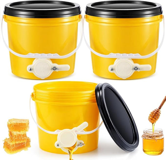 Threehoney 3 Pcs 2 Gallon Honey Bucket with Gate Honey Extractor Equipment Food Grade Bucket Food Safe Buckets with Lid for Beekeeping Supplies Extracting Storage(Yellow,Round Style)