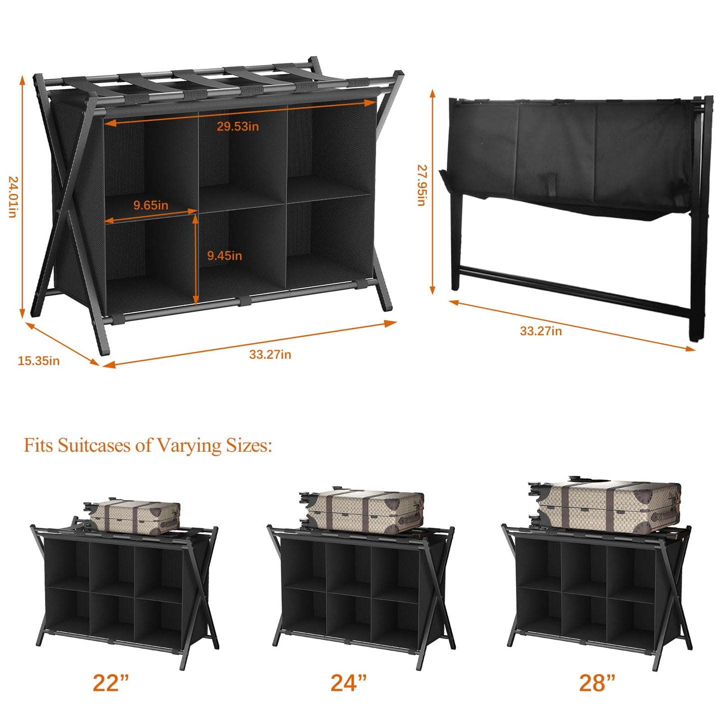Huhote Luggage Rack for Guest Room, Folding Suitcase Stand with 6-Cube Fabric Storage Shelf, Luggage Holder, Steel Foldable Luggage Stand for Guest Room, Bedroom, Hotel, Black