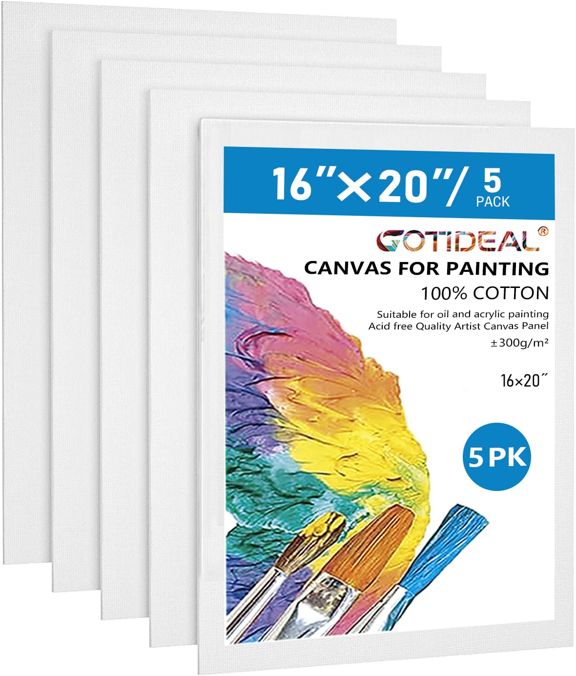 GOTIDEAL Canvases for Painting, 16x20 inch of 5 Pack, Professional Primed White Blank Flat Canvas Panels- 100% Cotton Artist Canvas Boards for Acrylics Painting, Oil Watercolor Tempera