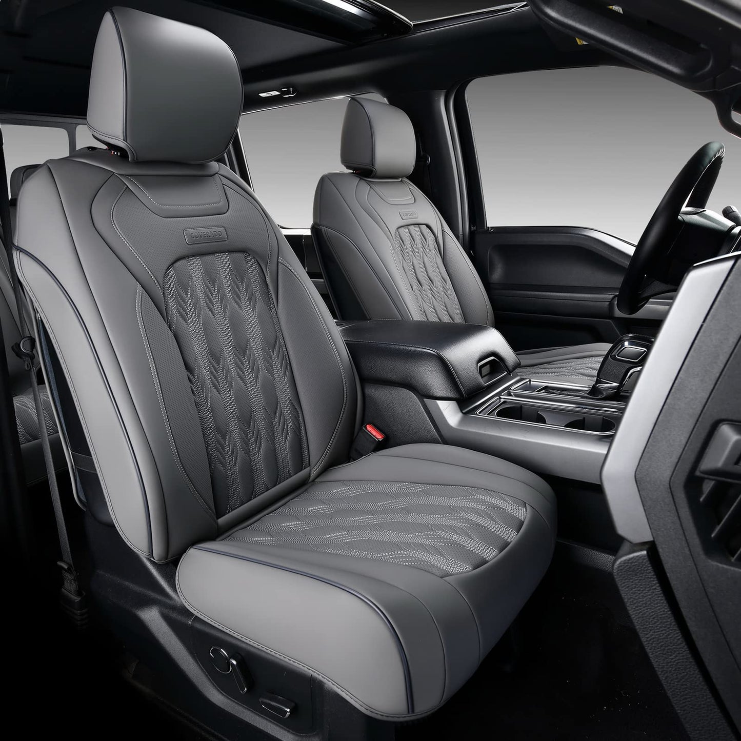Coverado Car Seat Covers Full Set, Leather Ford F150 Seat Covers Fit for 2015-2025 F150 and 2017-2025 F250 F350 F450 Super Duty Crew Cab XL XLT Lariat King Ranch Platinum (Gray)