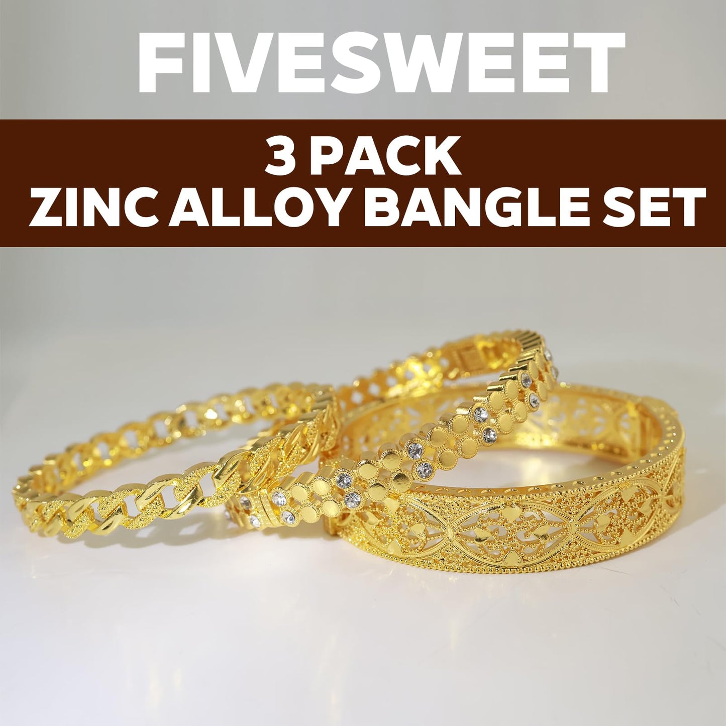 FIVESWEET 18K Gold Plated Women's Bangle Bracelet Set - Stackable Bulk Bracelets with Chain、Diamond-Circle、Hollow-Carved Designs, Minimalist Stylish Elegant, Tarnish & Oxidation Resistant, Gift for Her Girlfriend Wife Mom Sister Lover on Birthday Christ