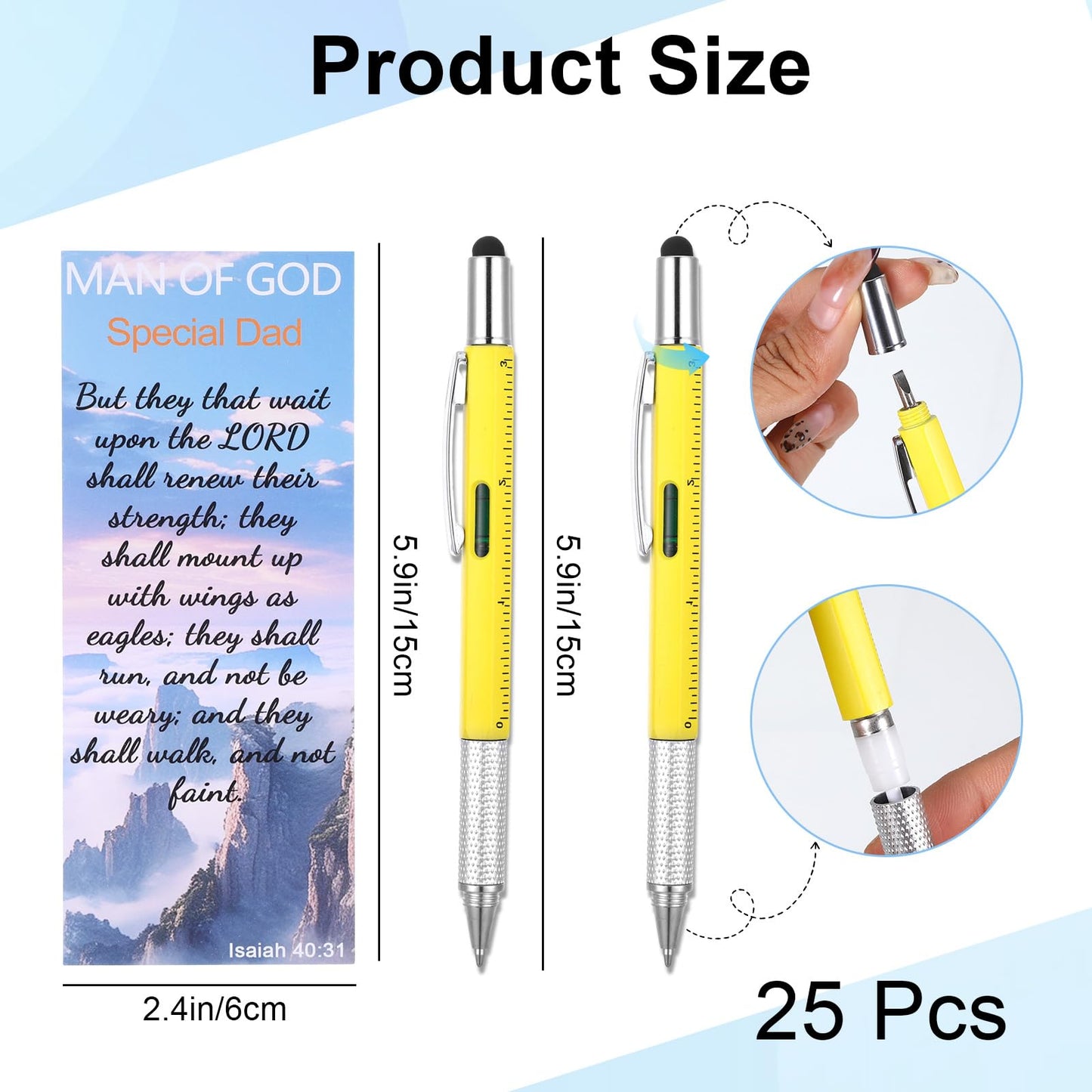 25Set 6 in 1 Multi Tool Pen, Christian Gifts for Men with Bible Verse Bookmarks, Christmas Father's Day Man of God Gifts, Church Pastor Bulk Gift, Screwdriver Pen Multi Tool Gadget for Husband