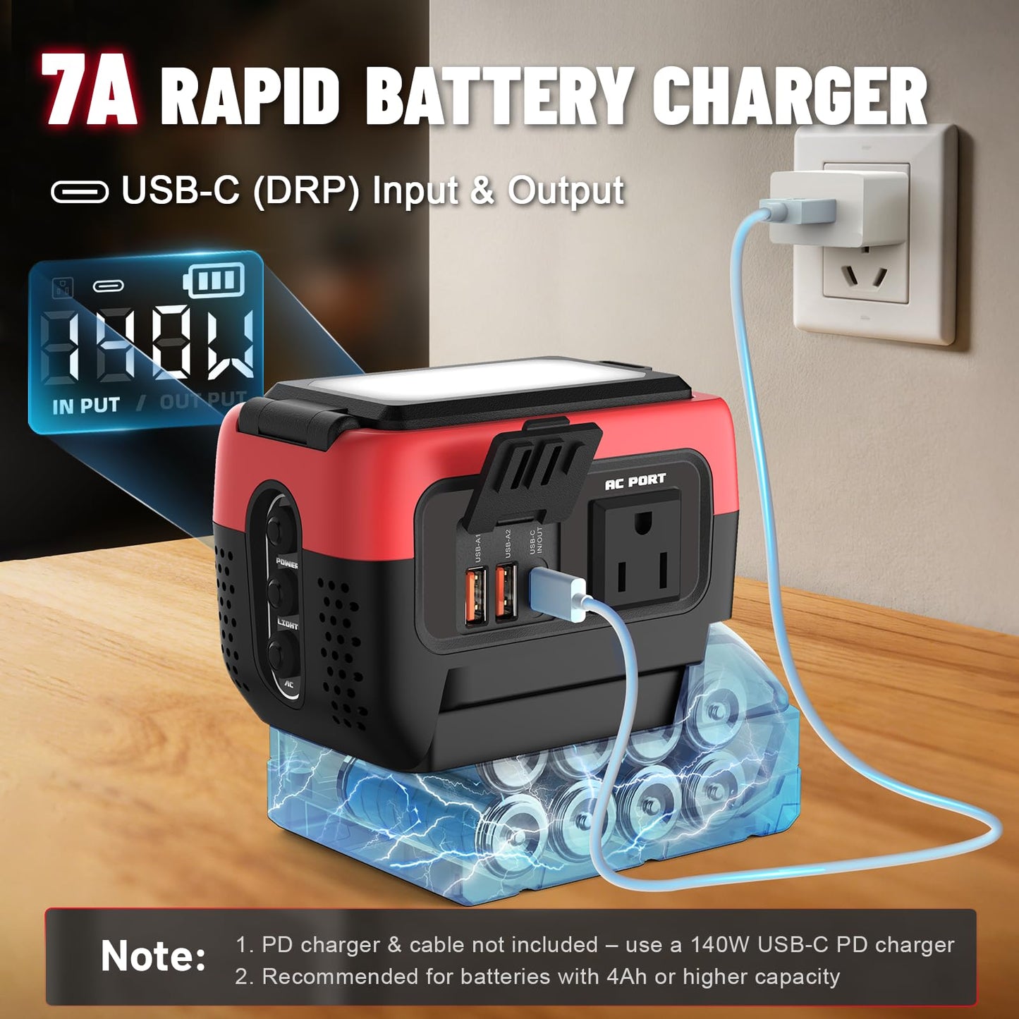 Azocek 240W Power Inverter Pure Sine Wave Compatible with Milwaukee 18V Battery (No Battery), 7A Fast Charger, Portable Power Station with 120V AC Outlets, USB-C (140W), 2 QC USB Ports(18W), 600LM LED