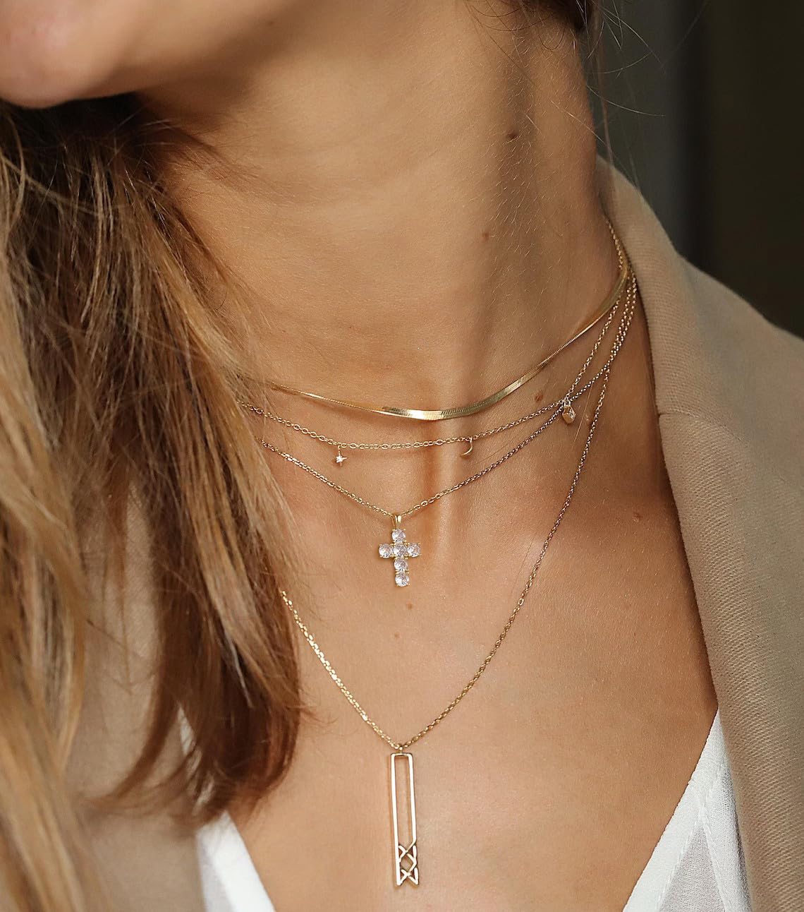 NUZON 18K Gold Plated Dainty Cross Necklace for Women Simple Cute White Cubic Zirconia Cross Pendant Necklace Jewelry 16''