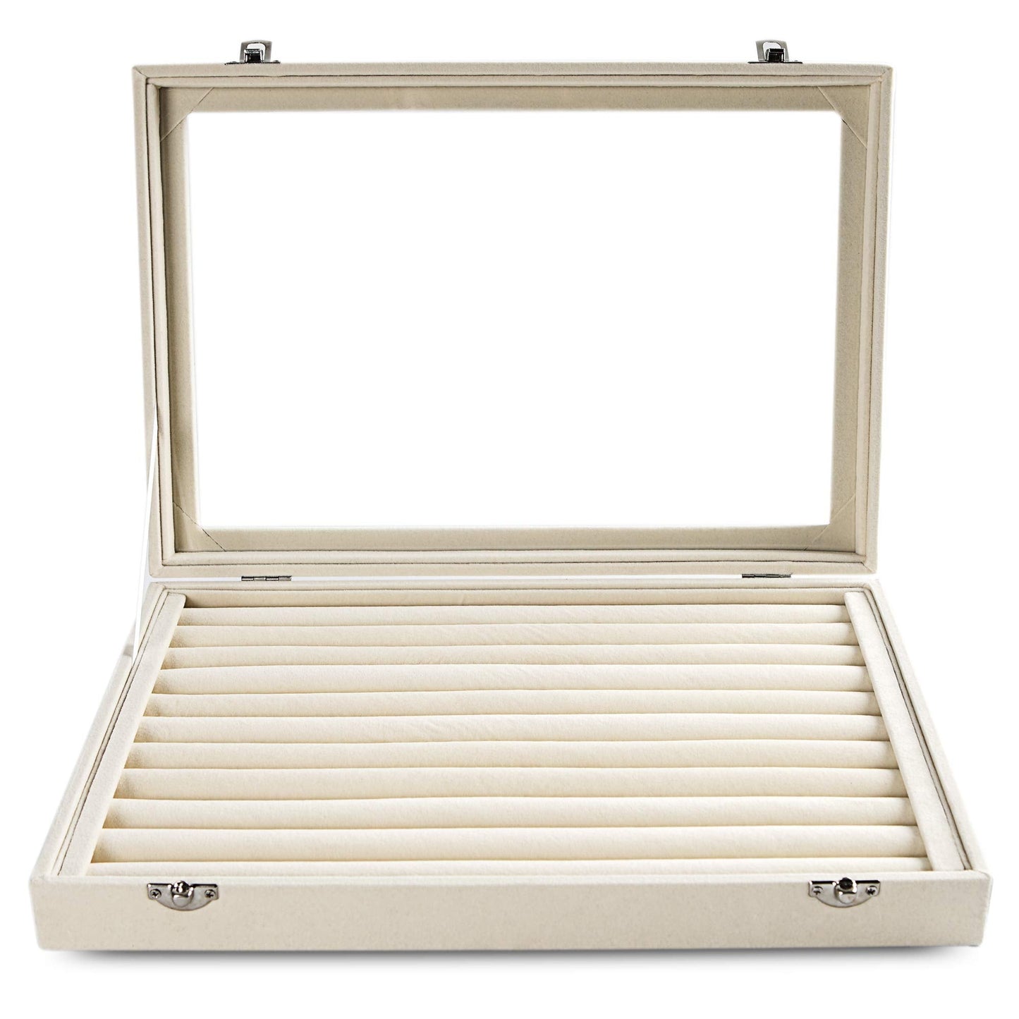 Frebeauty Rings/Earrings Organizer Tray with Clear Lid 10 Slots Velvet Drawer Insert Jewelry Storage box with Glass lid Jewelry Display Case Showcase Gift for Girls Women (Beige, 10 Slots)