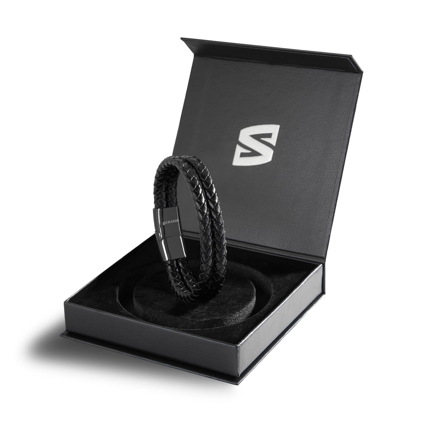 SERASAR Leather Bracelet Black 17cm Men Gift Box Genuine Cowhide Braided Adjust Able Magnetic Clasp Jewellery Arm band Mans Male Bracelets Jewelry Magnet Accessories