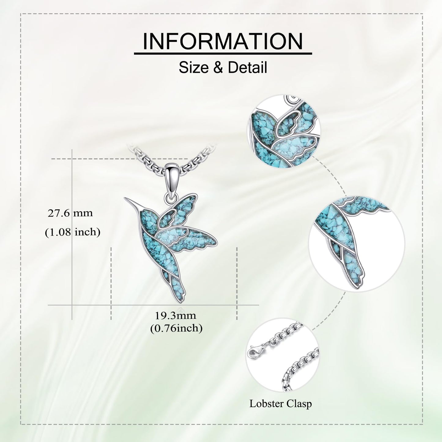 HKPATOP Hummingbird Necklace 925 Sterling Silver Turquoise Hummingbird Pendant Turquoise Necklace Animal Jewelry for Women