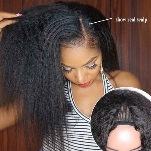 Vanmast V Part Wig Human Hair Kinky Straight 180% Density Upgrade U Part Human Hair Wig For Women No Leave Out No Glue Beginner Friendly Full Head Clip Yaki V Shape Wigs 16 Inch Natural Color