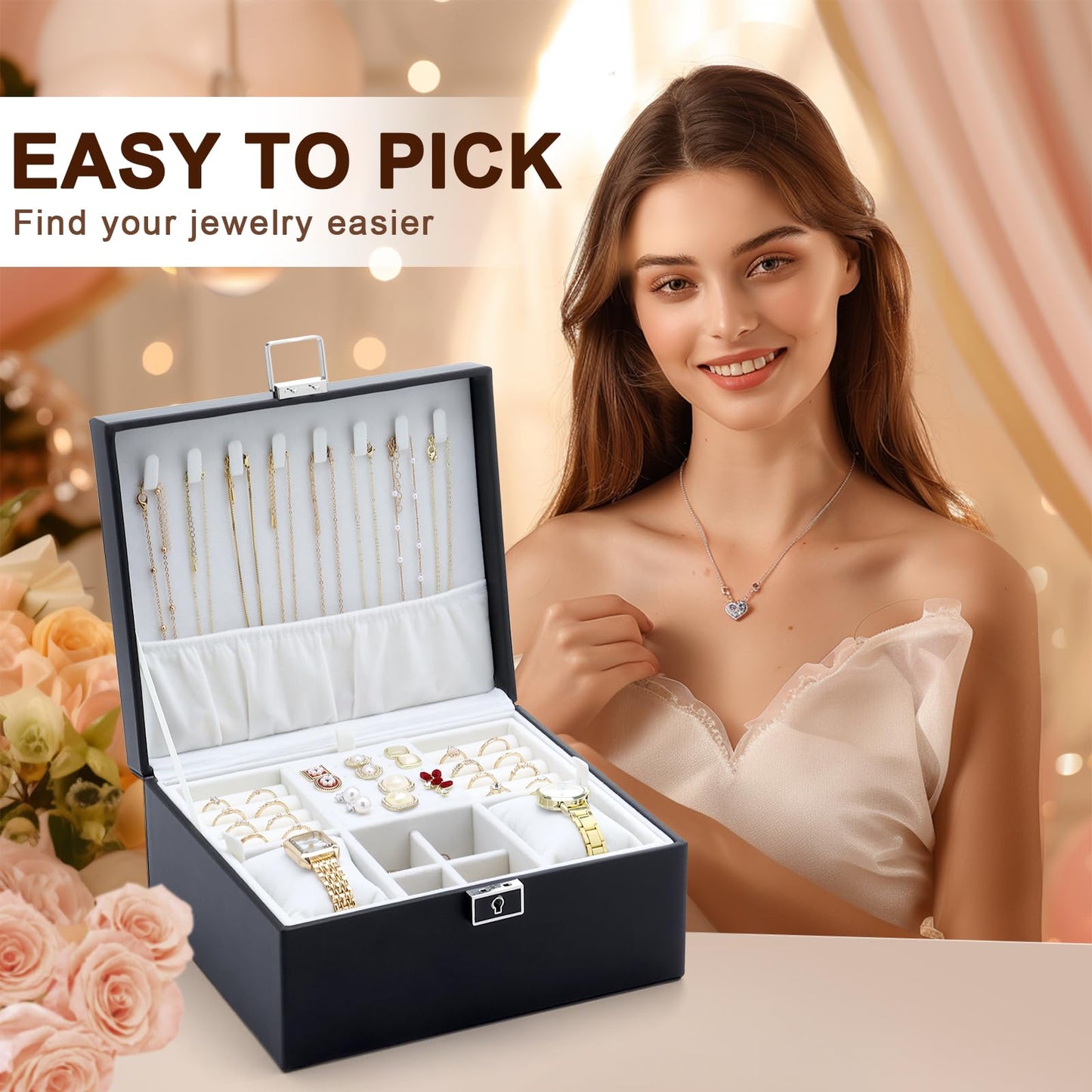 IBURTEN Jewelry Organizer Boxes for Women,Travel Jewelry Case, 2 Layers Removable Jewelry Box,Storage for Necklace, Bracelet, Earring,Rings,Jewelry Box Gifts for Women Girls