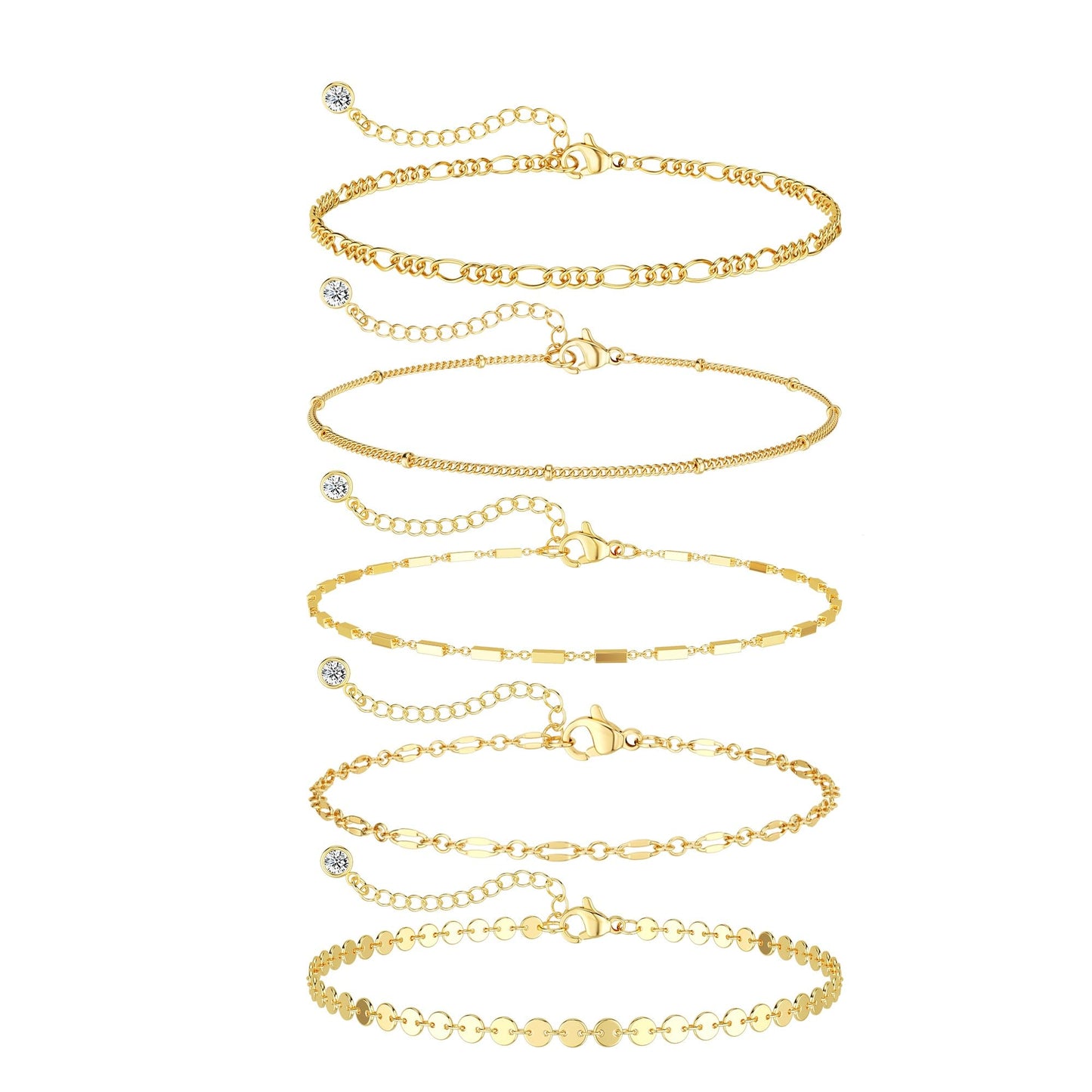 DEARMAY 14K Gold Plated Chain Bracelets for Women Gold Jewelry Set for Women Cuban Link Beaded Bracelets Figaro Paperclip Rope Herringbone Bracelet Pack Gifts
