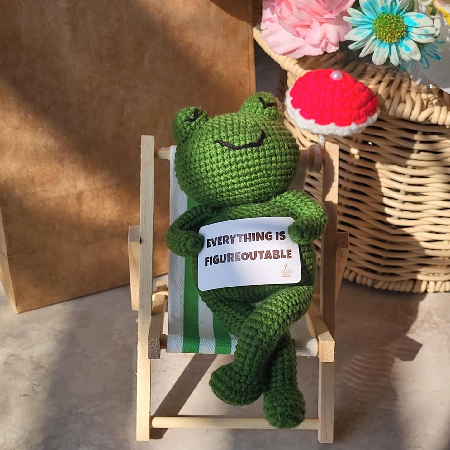 LUDEONA Inspirational Frog Desk Decor - Everything is Figureoutable Emotional Support Frog, Funny Coworker Gift for Women Men, Crochet Frog Plush with Mini Chair & Umbrella, Office Relaxation Gift