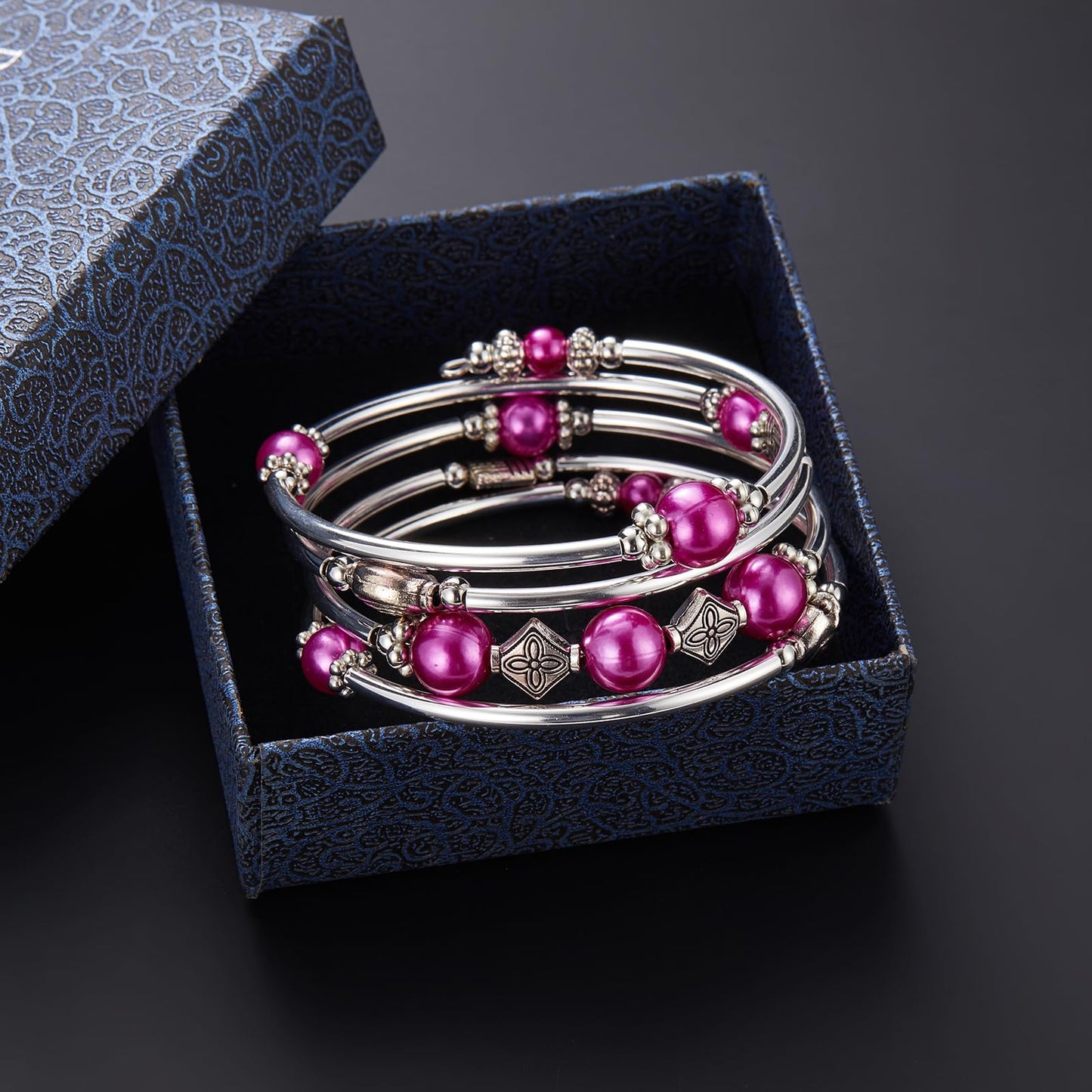 Beaded Pearl Bangle Wrap Bracelet - Fashion Bohemian Jewelry Multilayer Charm Bracelet with Thick Silver Metal Beads, Gift For Women(Fuchsia)