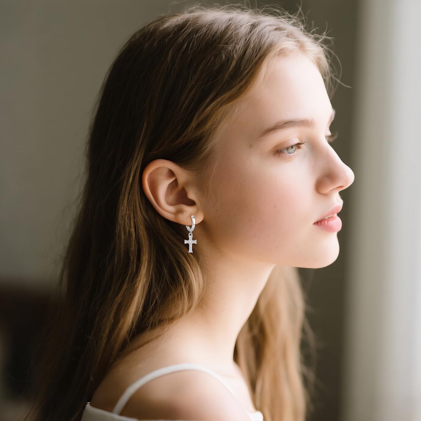 925 Sterling Silver Cross Hoop Earrings Dangle Drop Earrings Huggie Jewelry Birthday Gifts for Women (Cross Cubic Zirconia)