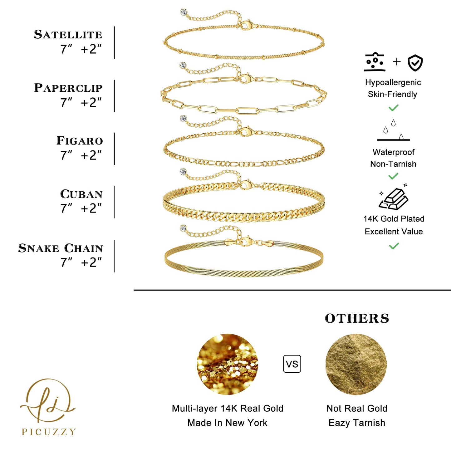 DEARMAY 14K Gold Plated Bracelets for Women Jewelry Sets Stack Trendy Dainty Stackable Paperclip Rope Snake Box Figaro Chain Bracelets Pack Costume Fashion Gifts