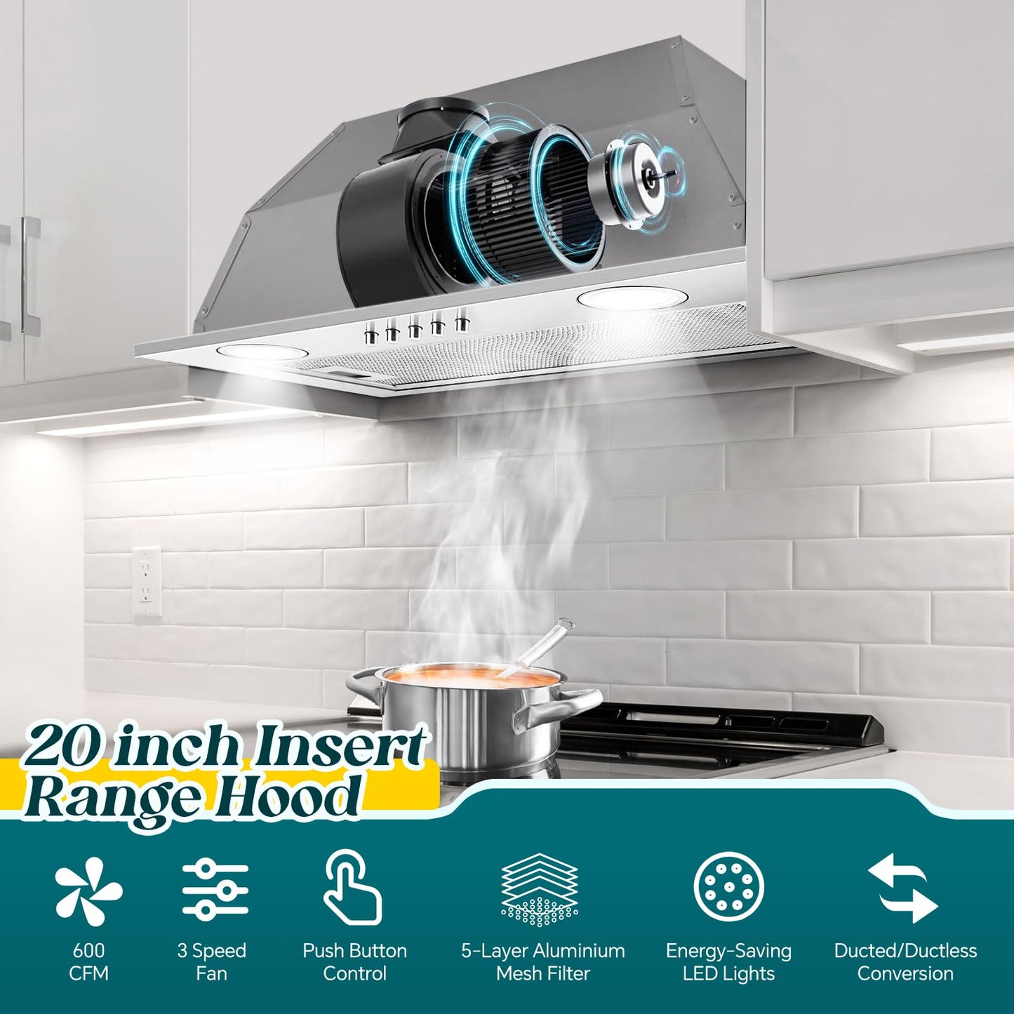 Zomagas Range Hood Insert 20 Inch, Built-in Kitchen Hood 600CFM, Ducted/Ductless Convertible, Vent Hood Insert w/Mesh Filter, Push Button Control, Stainless Steel Range Hood w/ 3 Speed Fan