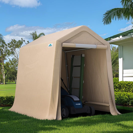ADVANCE OUTDOOR 6x8 ft Outdoor Portable Storage Shelter Shed with 2 Roll up Zipper Doors & Vents Carport for Motorcycle Waterproof and UV Resistant Portable Garage Kit Tent, Beige