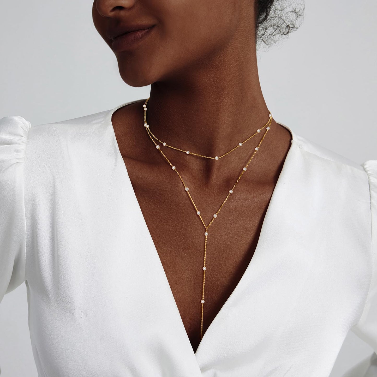 Luxval Long Pearl Necklace for Women Gold Layered Lariat Y-Shaped Pearl Chain Drop Necklace Dainty Layered Gold Pearls Necklaces for Women Trendy Simple Wedding Jewelry Gift