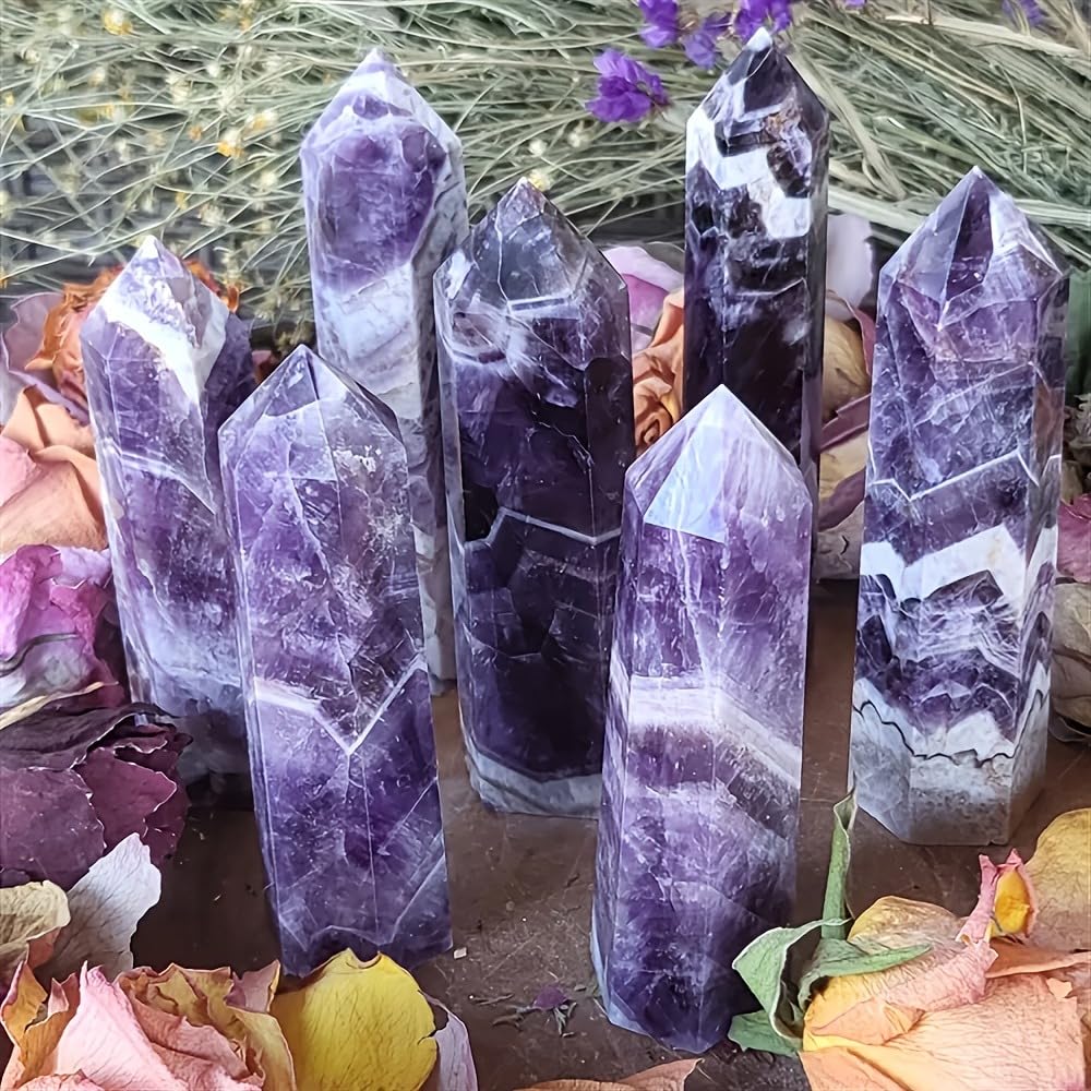 Natural Amethyst Crystal Point - 5.8-6.2 inch Amethyst Wand with Iridescent Rainbow Flash Stone for Energy Protection, Spiritual Awakening & Decoration - (Amethyst /5.8-6.2 inch 2pcs)