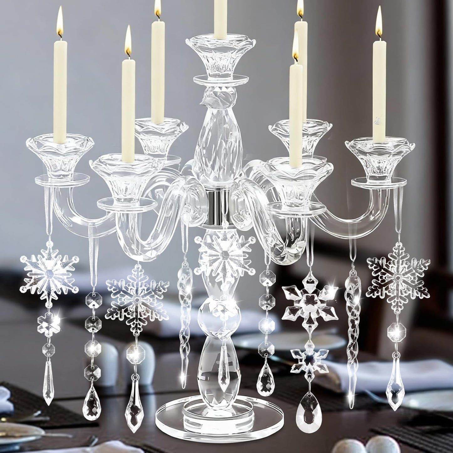 20pcs Christmas Ornaments Christmas Tree Decorations Hanging Acrylic Snowflake Icicle Crystal Ornaments with Drop Pendarts for Christmas Decorations Indoor Xmas Tree Winter New Year Party Supplies