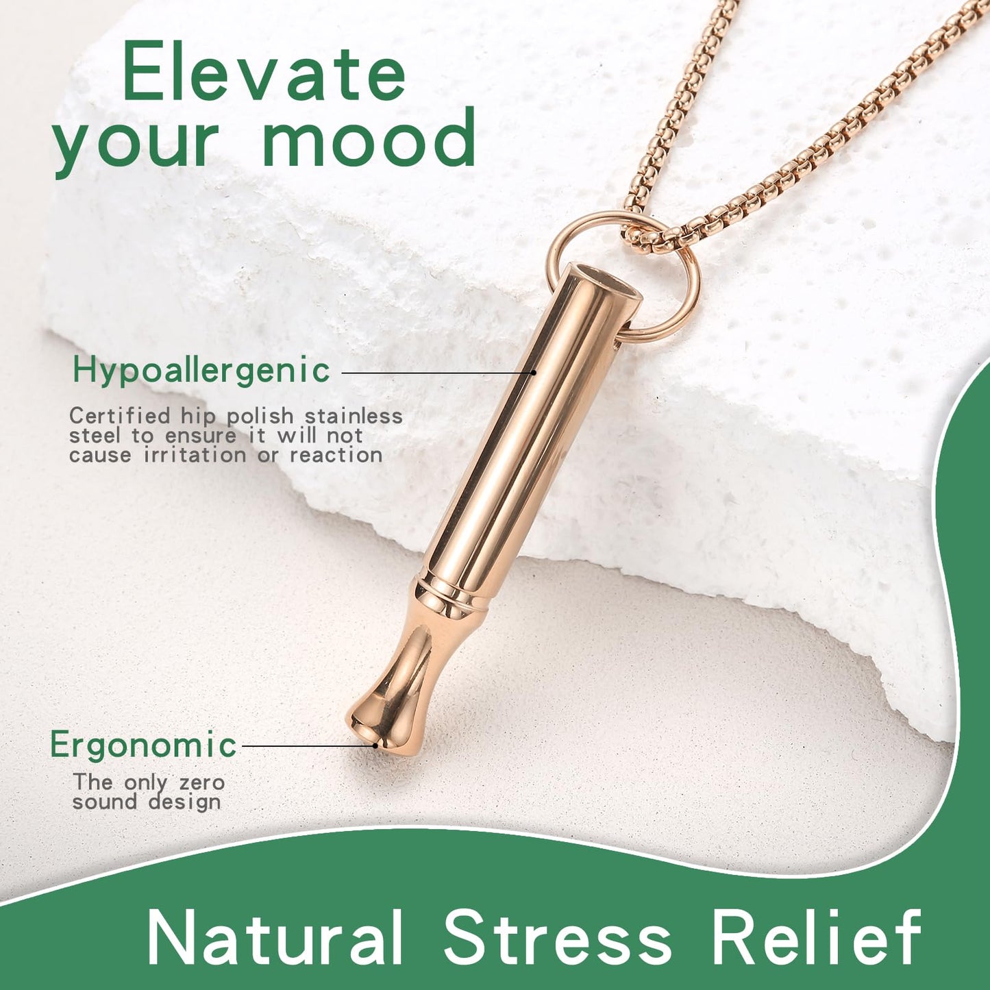 hooppoo Breathing Necklace for Calm & Focus - Personal Essential Oil Diffuser for Anxiety Relief, Quit Smoking, Yoga and Meditation - Reusable Stainless Steel Pendant for Women Men (Rose Gold)