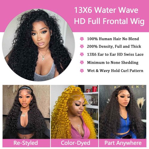 MMFZPHEIR 24Inch Water Wave Lace Front Wigs Human Hair 200 Density 13x6 HD Lace Front Wigs Pre Plucked Glueless Curly Human Hair Wigs For Women Water Wave Frontal Wigs