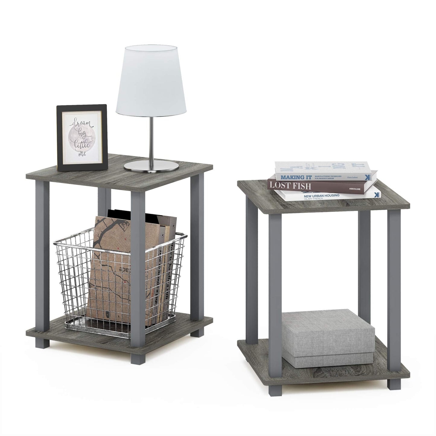 Furinno SIMPLISTIC Side Table Set of 2, 2-Tier Square Modern End Table, Nightstand, Night Stand, Bedside Table, Toolless Assembly, for Living Room, Bedroom, French Oak
