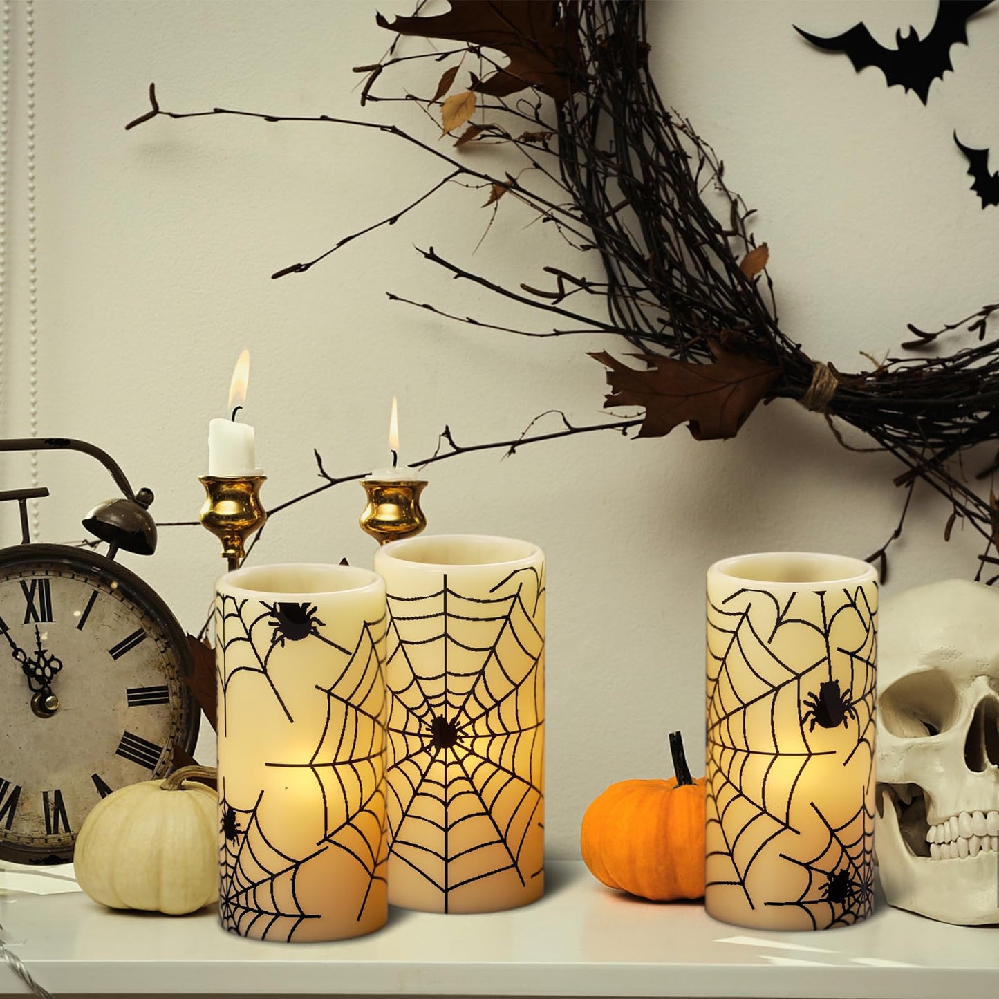 DRomance Flameless Candles Battery Operated with Timer, Set of 3 Spider Cobweb Decals Yellow Light Real Wax LED Flickering Pillar Candles Dinner Tabletop Halloween Home Decoration (3" x 6"")"