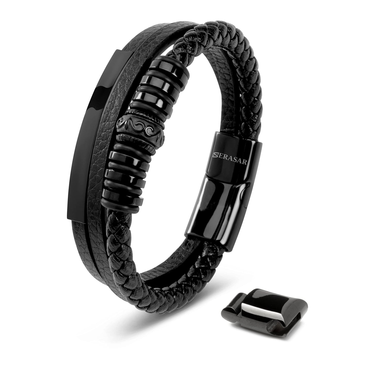 SERASAR Mens Leather Bracelets African Bracelet for Men Black Cowhide Gift Box Braided Stainless Steel Jewelry Wrist Band Cuff Wrap Rope Bangle Dad Man Pulseras para Hombres Cuero Regalo
