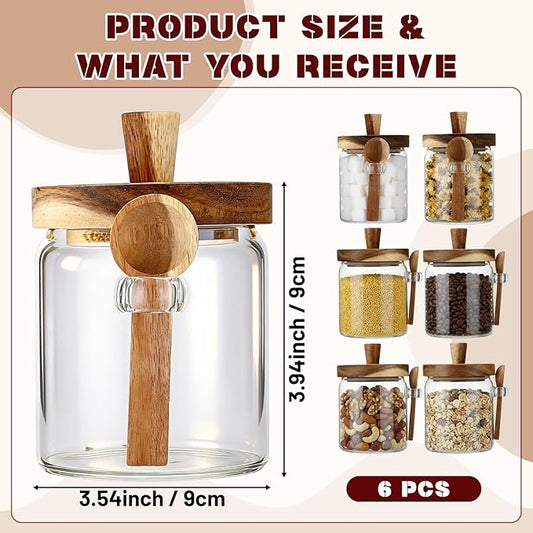 Remerry Set of 6 Glass Jar with Wooden Lid and Spoon, Clear Airtight Spice Canisters Glass Food Storage Kitchen Containers Set for Coffee Bean Tea Sugar (13.5 oz)