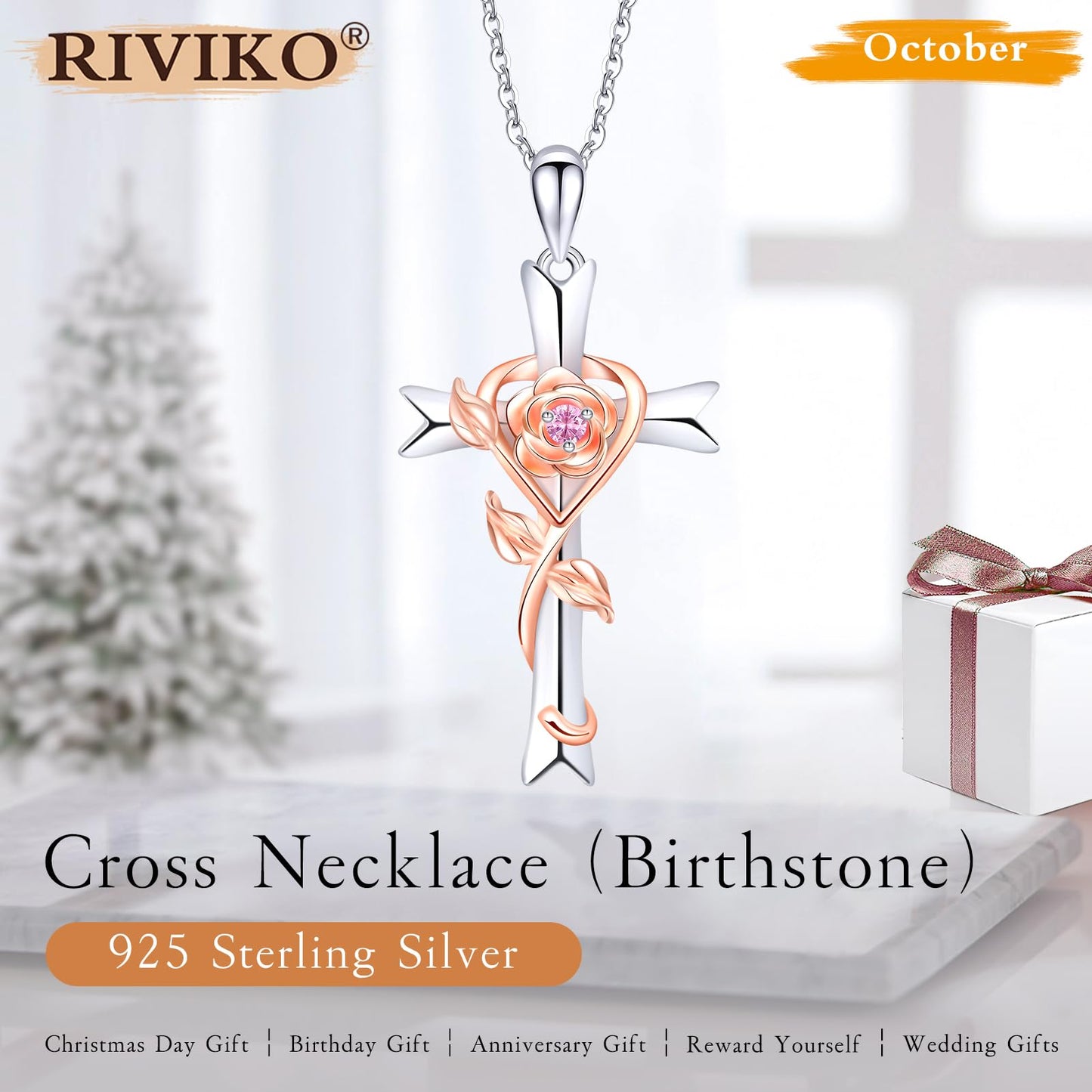RIVIKO 925 Sterling Silver Cross October Birthstone Necklace for Women Cross Rose Pendant Necklaces Trendy Christmas Valentine's Day Jewelry New Year Anniversary Birthday Gift for Women Her Wife