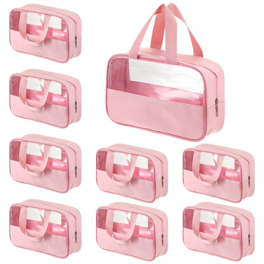 9 Pcs Translucent Make up Bag Pink Big Travel Cosmetic Makeup Toiletry Bag with Handle and Zipper Waterproof Portable Cosmetic Travels Bags for Travel Toiletries Accessories, 10.2 x 6.3 x 2.8 Inches