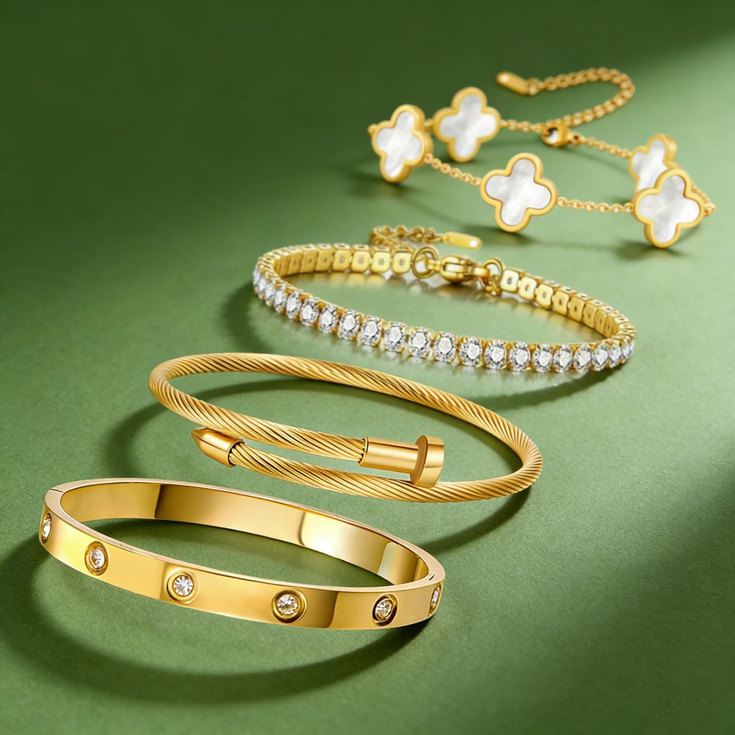 Gold Bracelets for Women, 18K Gold Plated Women Tennis Bracelets Clover Nail Love Bangle Bracelet Set, Gold Bracelet Stackable Set Trendy Jewelry, Gifts for Women's Day and Mother's Day (09-Color- 4 White)